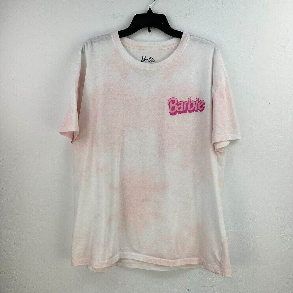 Barbie Shirt Womens Large White Pink Cotton‎ Short Sleeve Cartoon Graphic Print